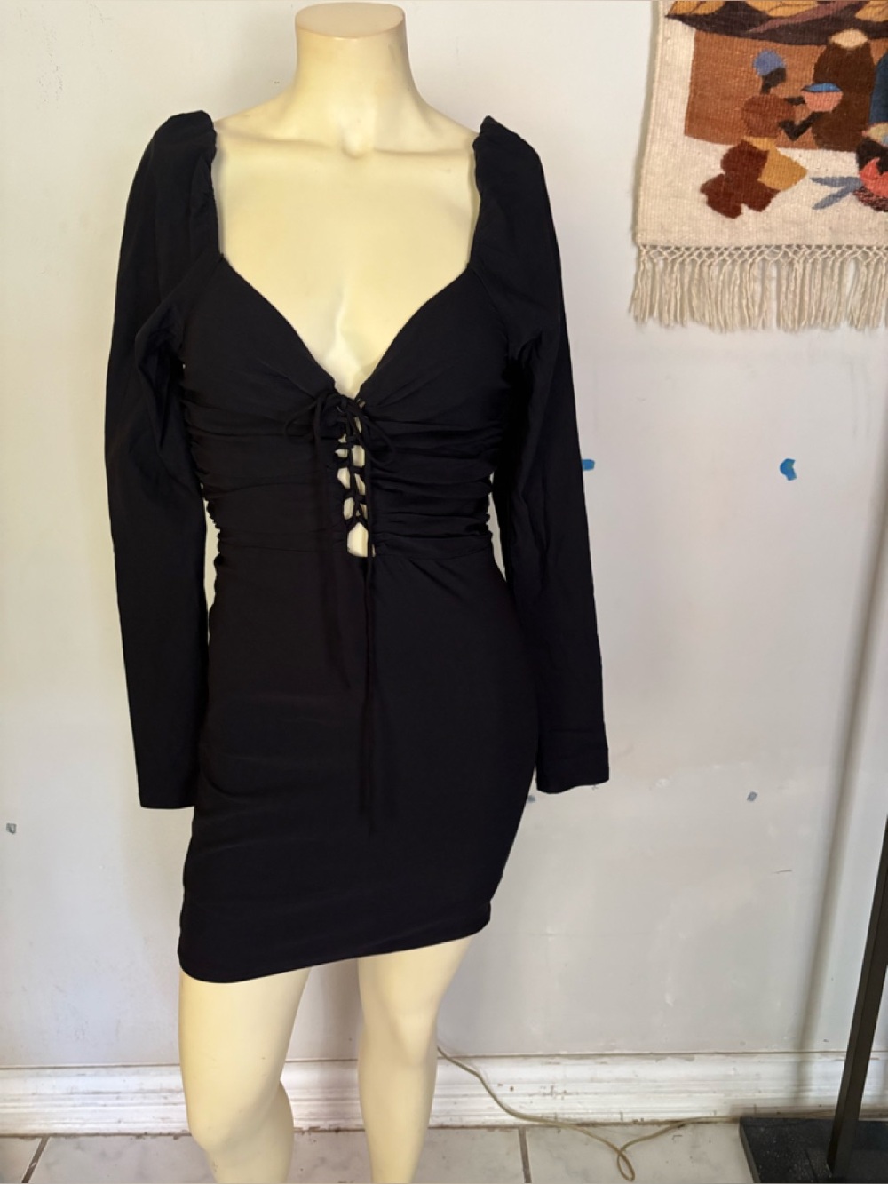 AKIRA Black Long-Sleeve Lace-Up Mini Dress Size Large